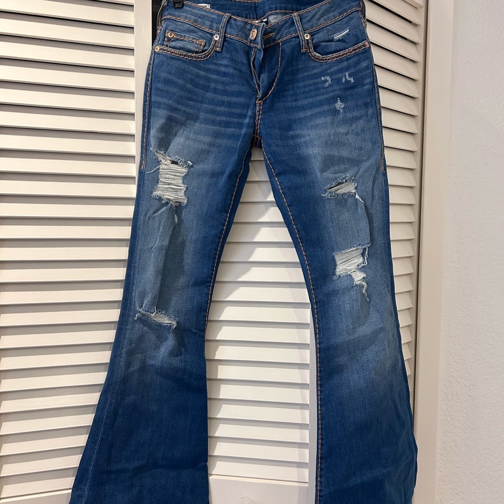 True Religion Blue Flare Wide Leg Jeans Distressed